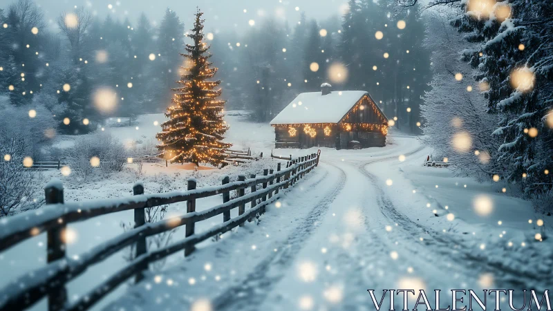 Snow covered cabin glows with warm Christmas lights at dusk