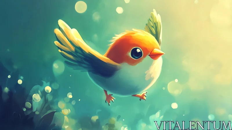 Vibrant cartoon bird in flight with dreamy soft background.