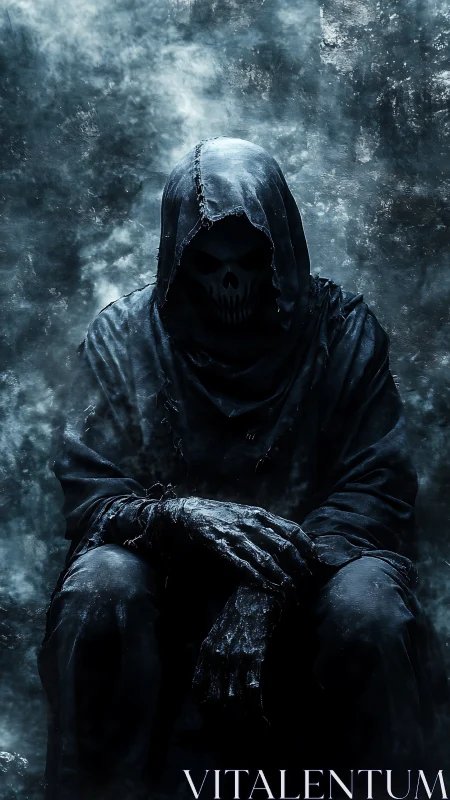 Hooded reaper seated in icy, smoke filled darkness.