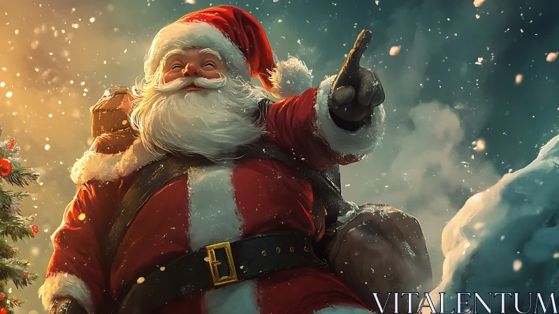 Cinematic Santa Claus portrait in snowfall, dynamic low angle