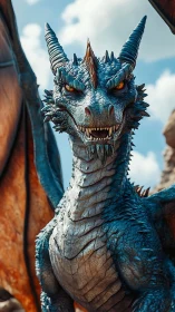 Blue-scaled dragon rendered in detailed frontal perspective