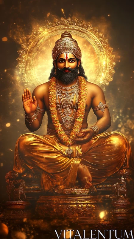 Golden robed deity figure sits cross-legged with raised hand