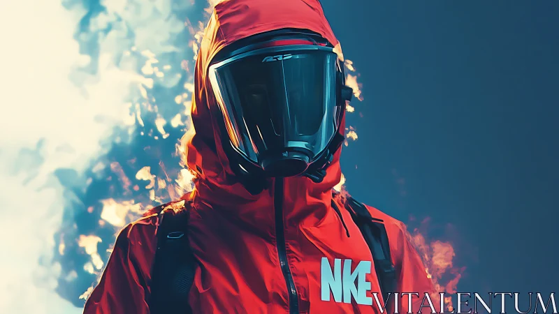 Bold red explorer in a futuristic burning sky moment.