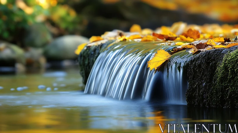 Autumn stream cascade with golden leaves and silky water flow.