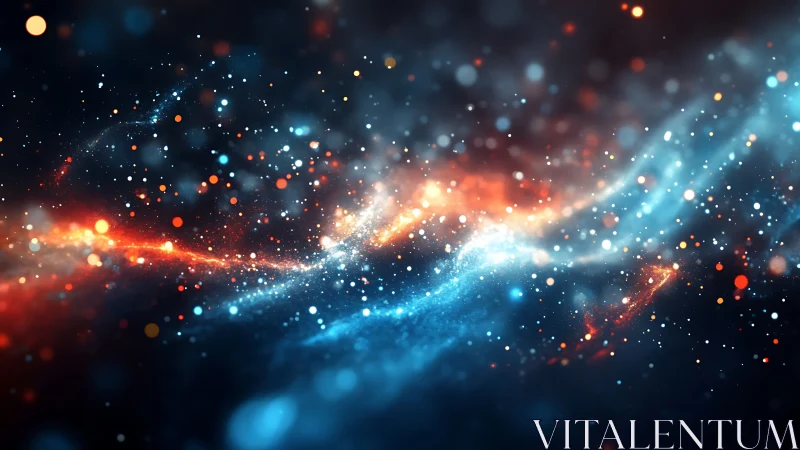 Bicolor nebular particle stream curves through deep cosmic void