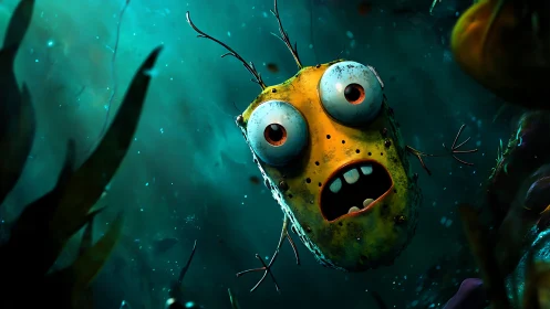 Shocked microbe character rendered as high-contrast 3D underwater closeup