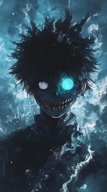 Glowing-eyed humanoid figure stands in turbulent blue fog