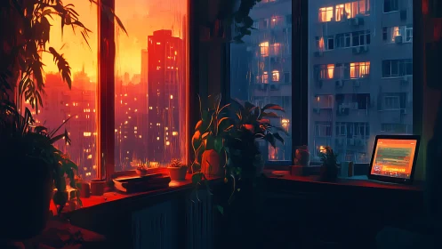 Moody city sunset glows beyond a rain streaked apartment