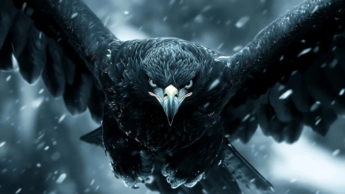 Black raptor in frontal flight during light snowfall.
