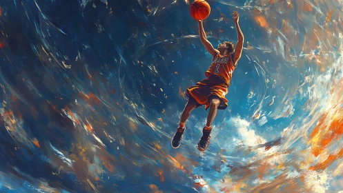 Basketball player leaping toward hoop in swirling sky art.