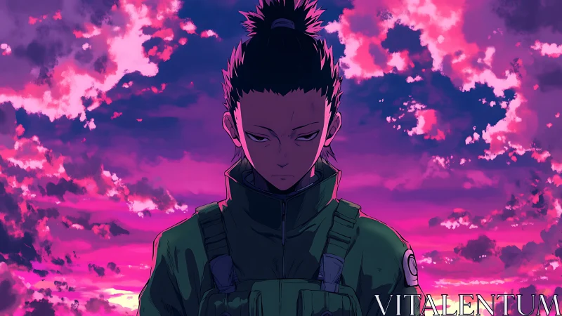 Serious anime soldier under vivid pink sunset sky.