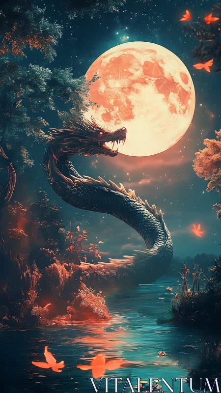 Moonlit serpent coils beneath a glowing celestial full moon.