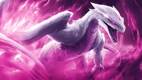 Digital painting of a luminous white dragon in magenta vortex.