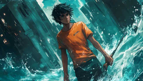 Stormlit teen hero standing bold in a flooded neon city.