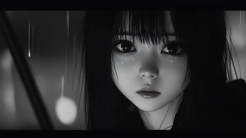 Melancholic anime girl in rain with reflective gaze.