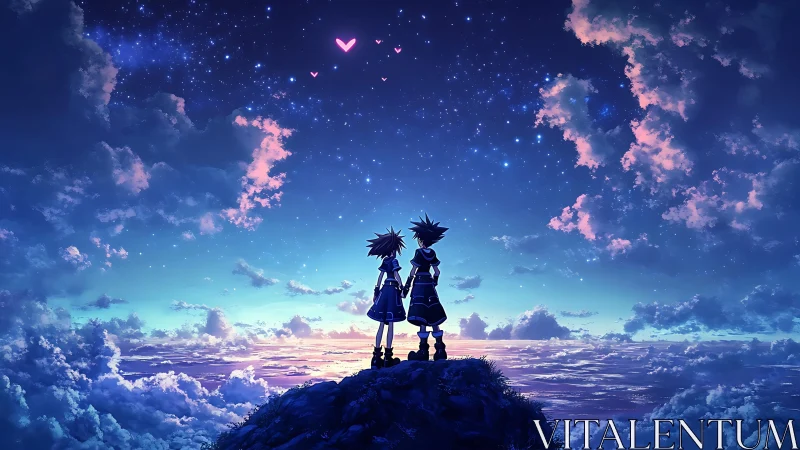 Skybound hearts drift above stargazing duo at dawn’s edge.