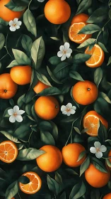 Citrus fruit pattern with oranges, blossoms and dense foliage