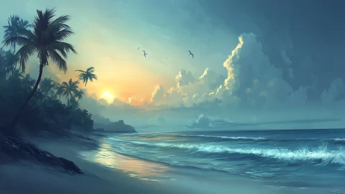 Tropical shoreline sunrise with layered clouds and soft waves.