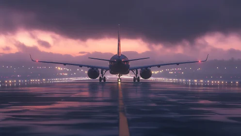 Passenger jet is aligned on wet runway at low-light dusk