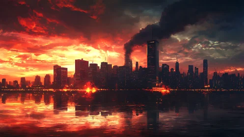 Burning city skyline under red storm clouds at dusk.