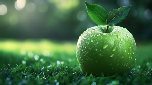 Dew kissed green apple rests on vivid sunlit garden grass