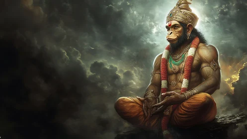 Divine monkey warrior meditates in storm lit celestial clouds