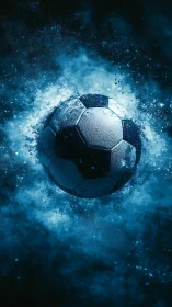 Soccer ball is suspended in blue particulate cloud field