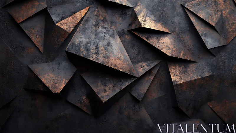 Geometric oxidized metal shards with dramatic side lighting.