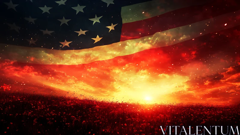 American Flag Over Dramatic Sunset Landscape