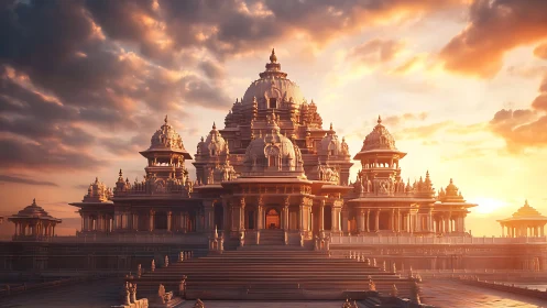 Symmetrical stone temple complex under sunset sky.