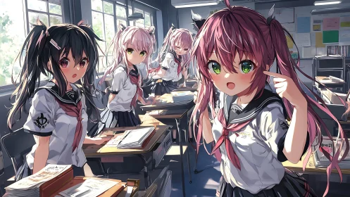 Anime schoolgirls talking in bright sunlit classroom scene.