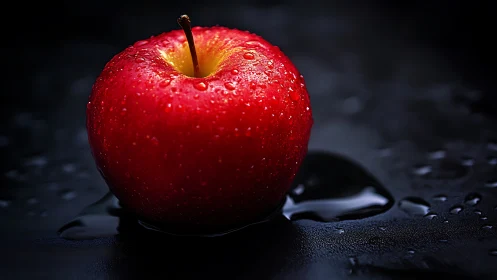 High-contrast macro study of a dewy red apple on dark surface