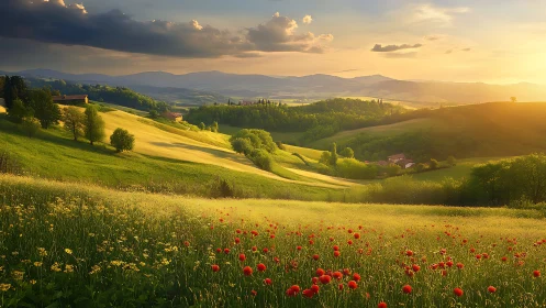 Sunlit rolling hills and distant mountains occupy the landscape