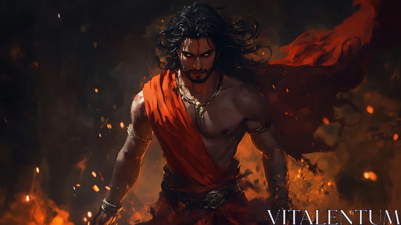 Fiery warrior strides through embers with blazing resolve.