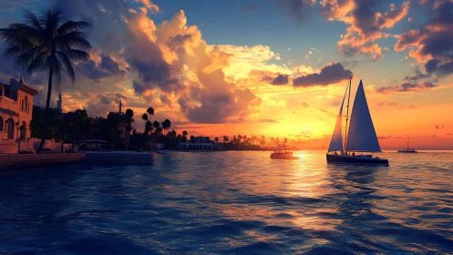 Sunset marina bay with coastal villas and silhouetted sailboats