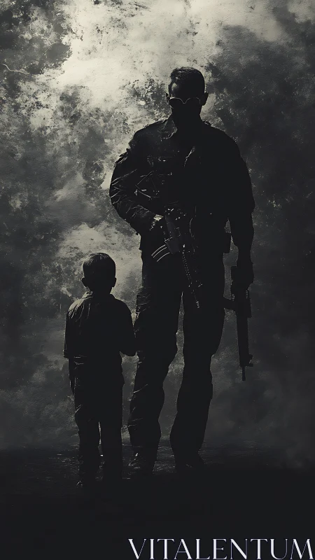 Shadowed guardian and child beneath a storm-torn sky.