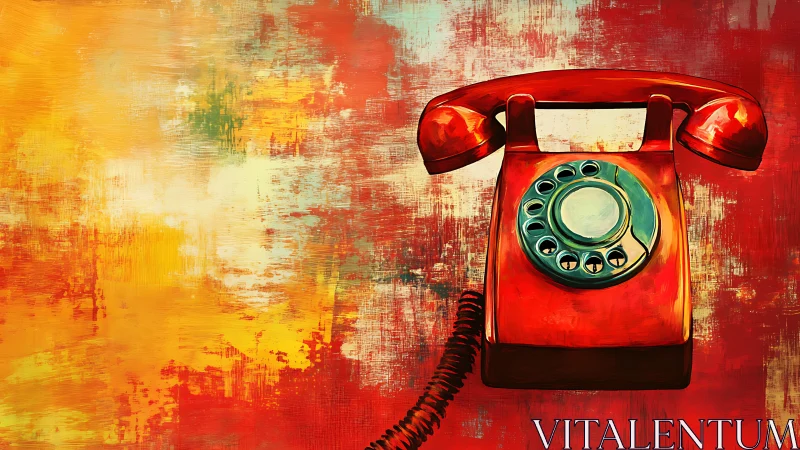 Retro red rotary phone glows against vibrant abstract backdrop