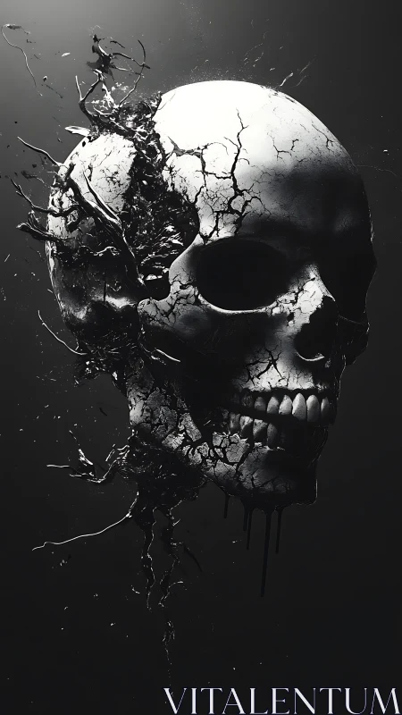 Fragmented skull structure dissolves in dark monochrome space