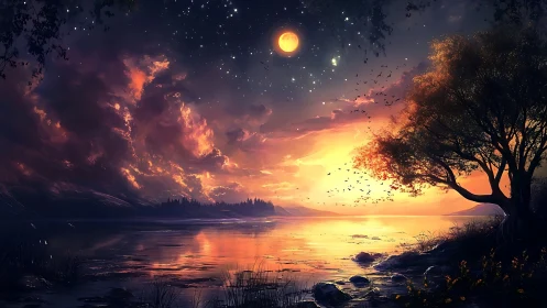 Sunset lake under vivid clouds and glowing crescent moon.