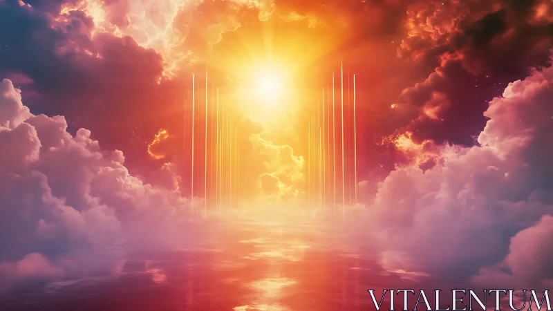 Celestial sunrise corridor pierces glowing crimson clouds.