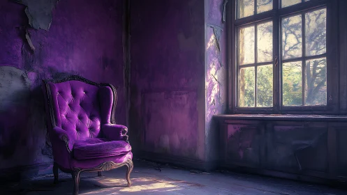 Purple armchair in decayed room by sunlit window interior.