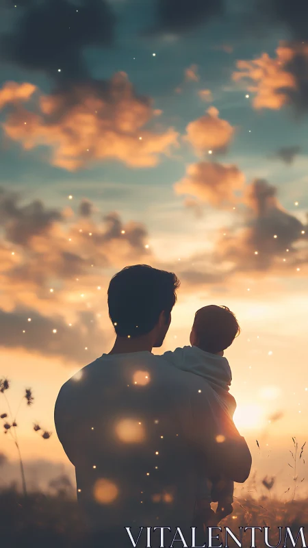 Backlit father and child silhouette under warm volumetric sunset sky