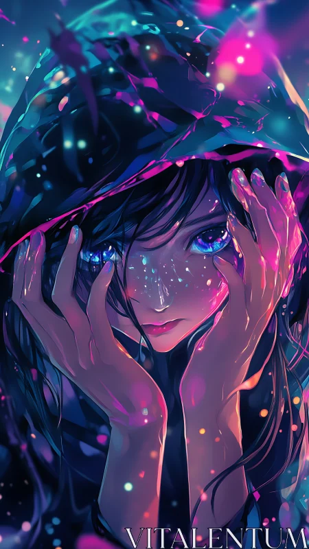 Neon raindrops cradle a starlit gaze beneath the hood