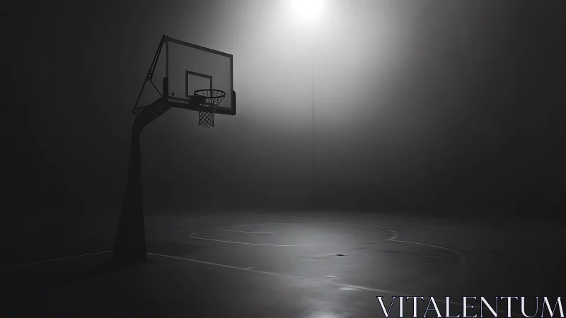 Lonely outdoor basketball hoop under harsh night spotlight.