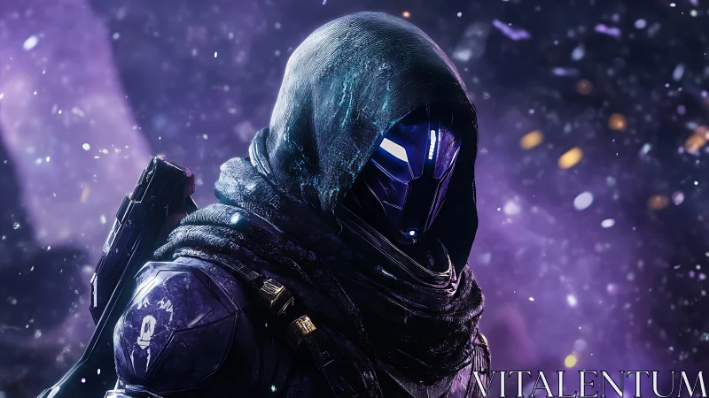 Hooded void ranger with neon helm adrift in violet storm.