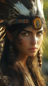 Portrait of young woman in feathered headdress outdoors.