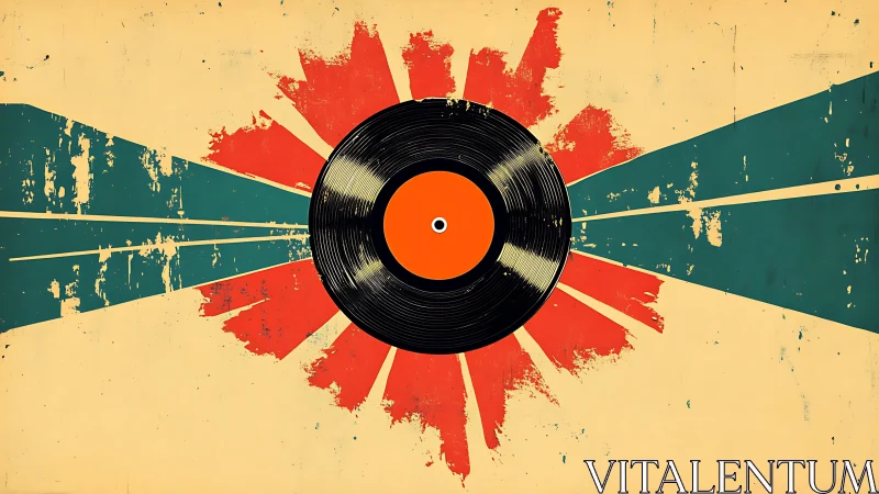 Central vinyl record with radial distressed graphic burst and rays