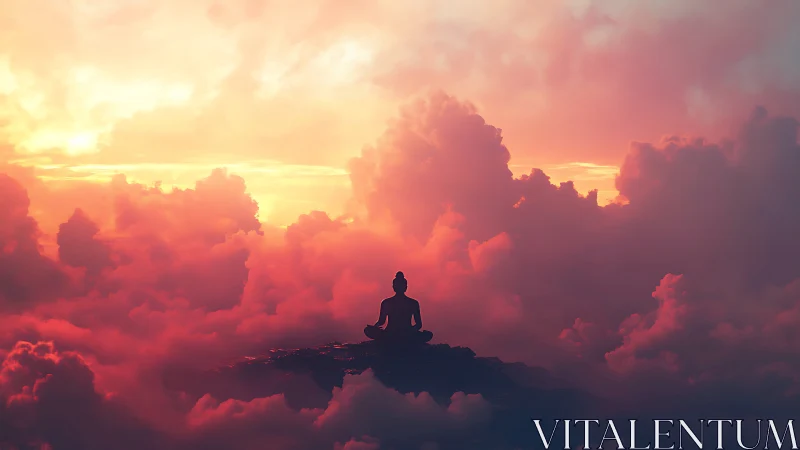Solitary meditator sits above glowing clouds at sunrise