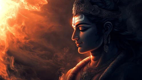 Radiant divine profile meets swirling flame and quiet shadow