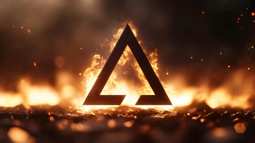 Bold geometric triangle symbol surrounded by fiery flames, digital art.
